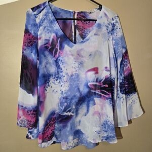 Jennifer Lopez JLo Women’s Medium Sheer Blouse Abstract Watercolor V-Neck LS